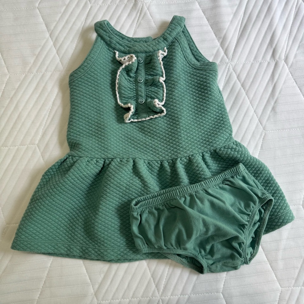 Janie and Jack Quilted Green Dress with Ruffled Neckline